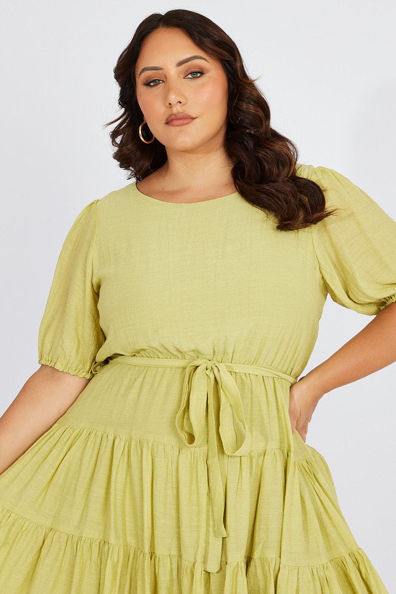 Green Skater Dress Short Puff Sleeve Textured - Image 3