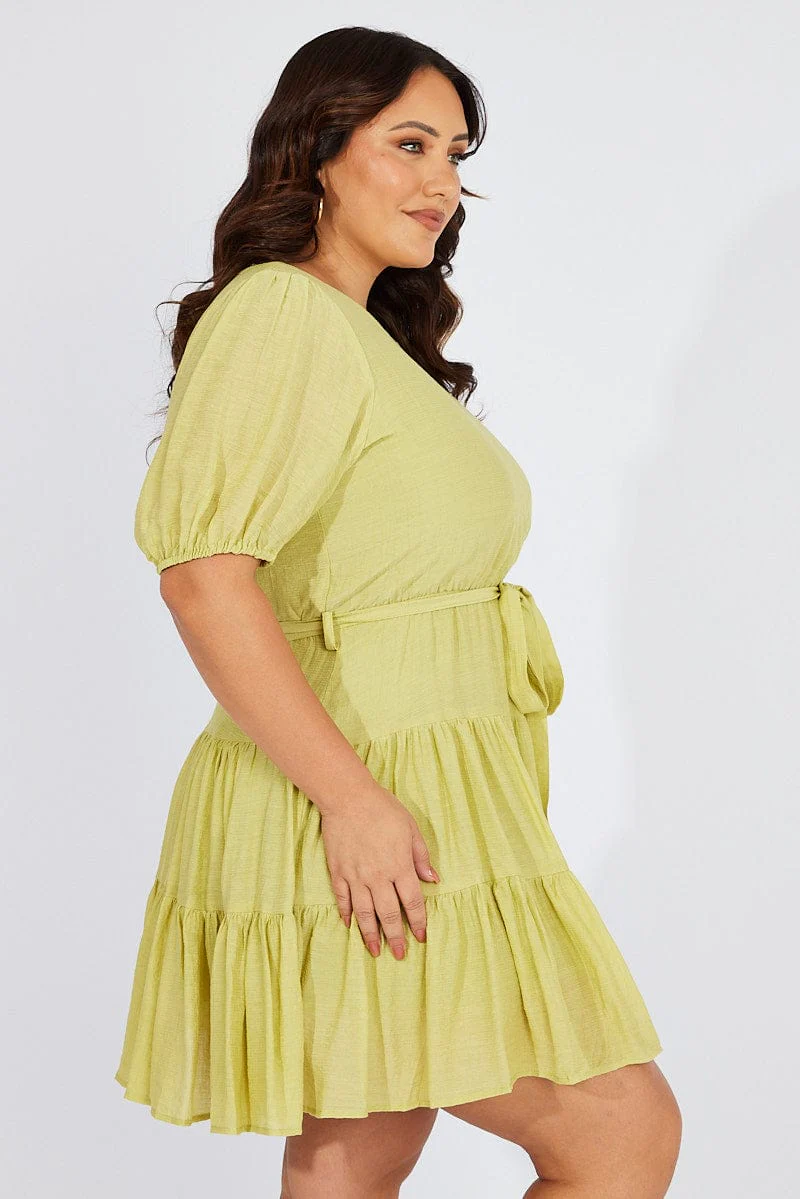 Green Skater Dress Short Puff Sleeve Textured - Image 4