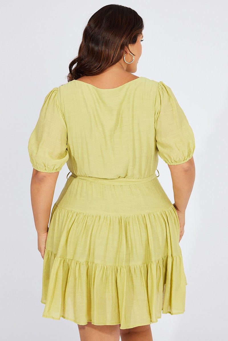 Green Skater Dress Short Puff Sleeve Textured - Image 5