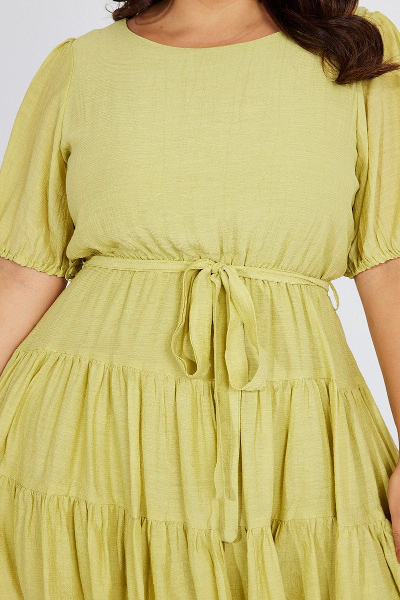 Green Skater Dress Short Puff Sleeve Textured - Image 6