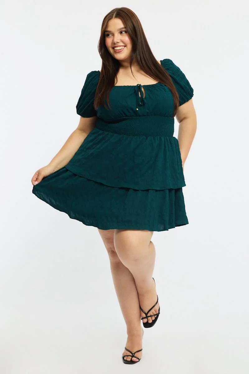 Green Skater Dress Short Sleeve Shirred Waist Textures - Image 2