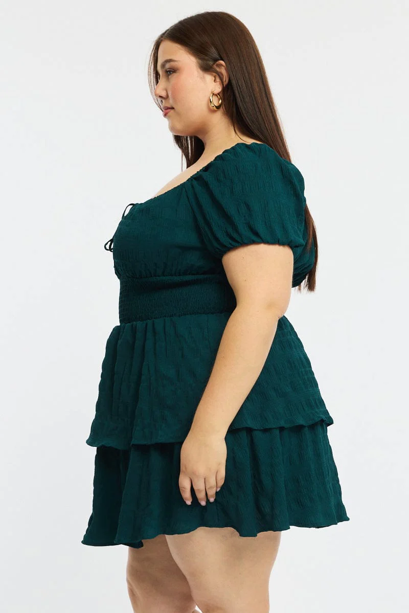 Green Skater Dress Short Sleeve Shirred Waist Textures - Image 3