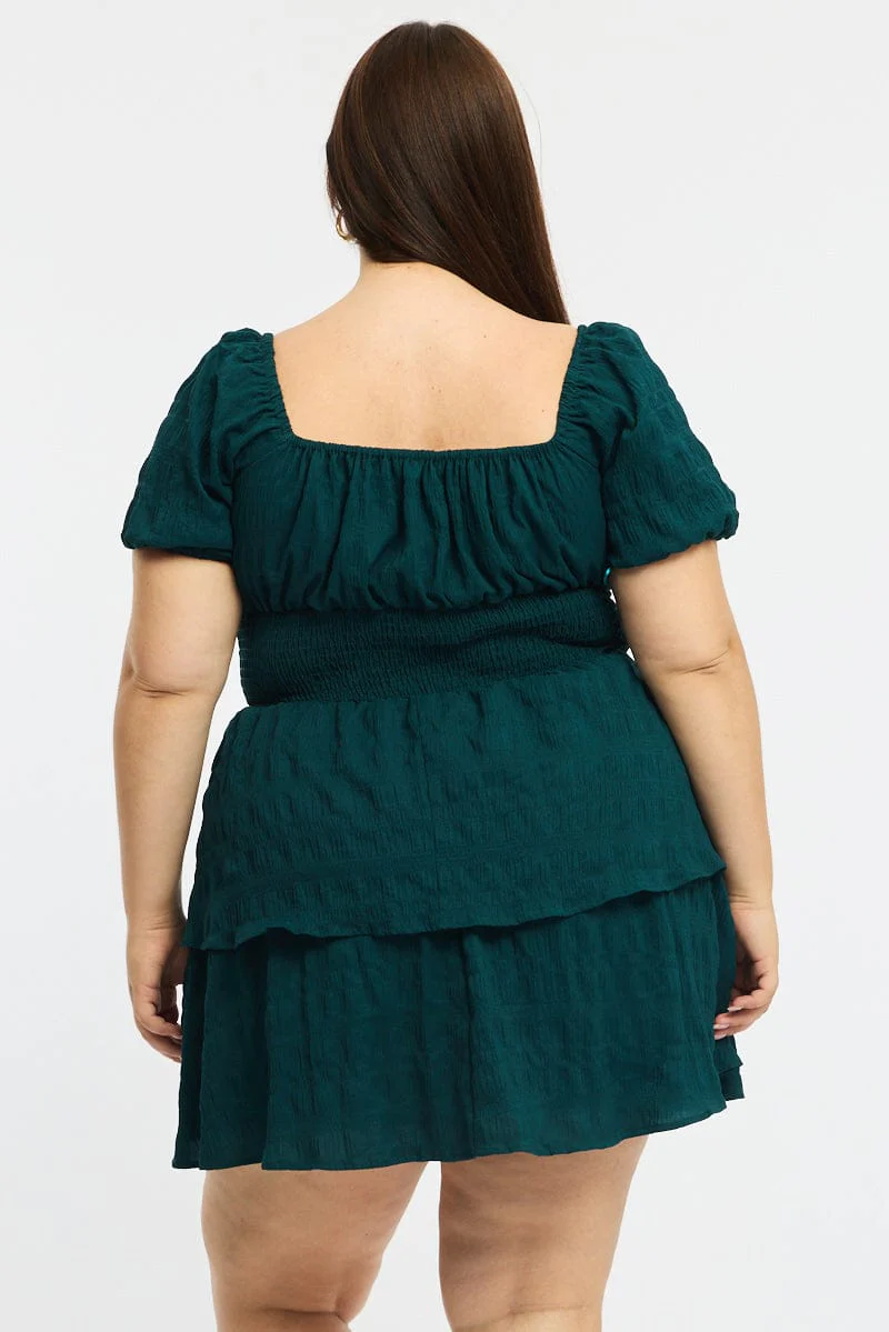 Green Skater Dress Short Sleeve Shirred Waist Textures - Image 4