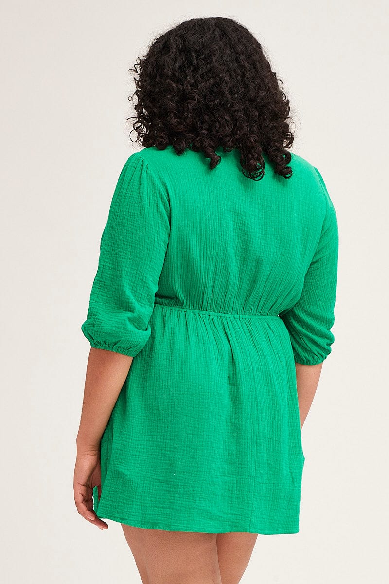 Green Skater Dress V-neck Long Sleeve Tie Front - Image 5
