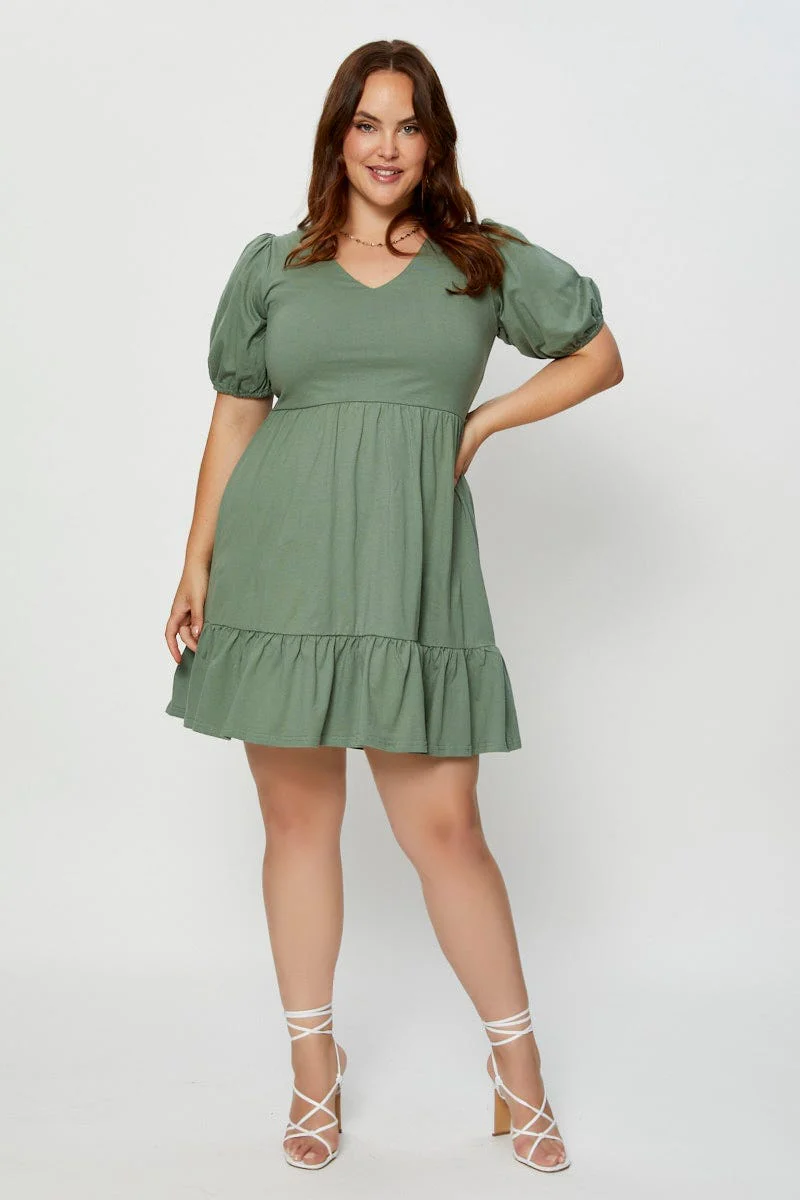 Green Skater Dress V-neck Puff Sleeve Ruffle Hem - Image 2