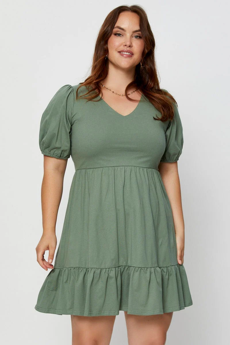 Green Skater Dress V-neck Puff Sleeve Ruffle Hem - Image 3