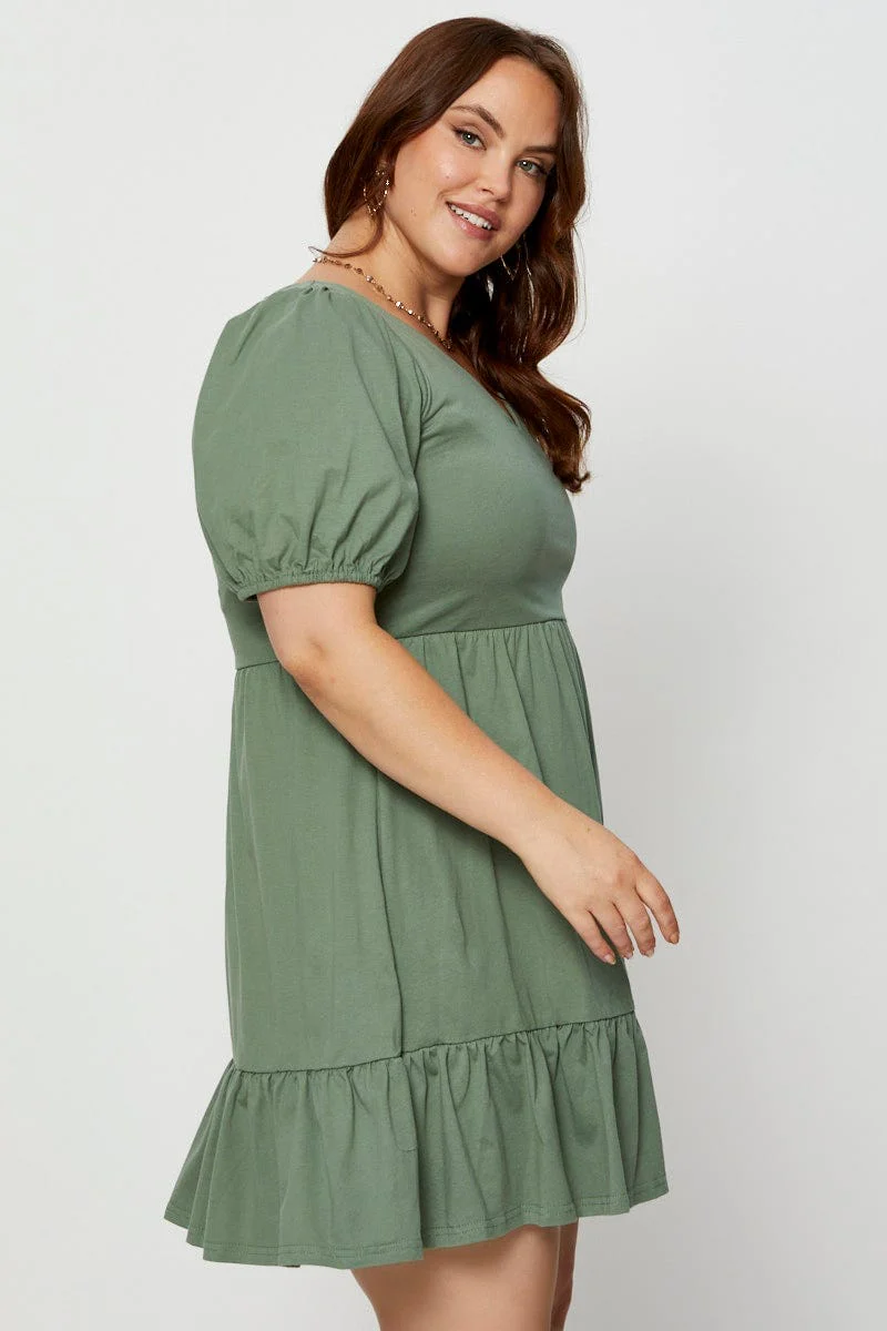 Green Skater Dress V-neck Puff Sleeve Ruffle Hem - Image 4