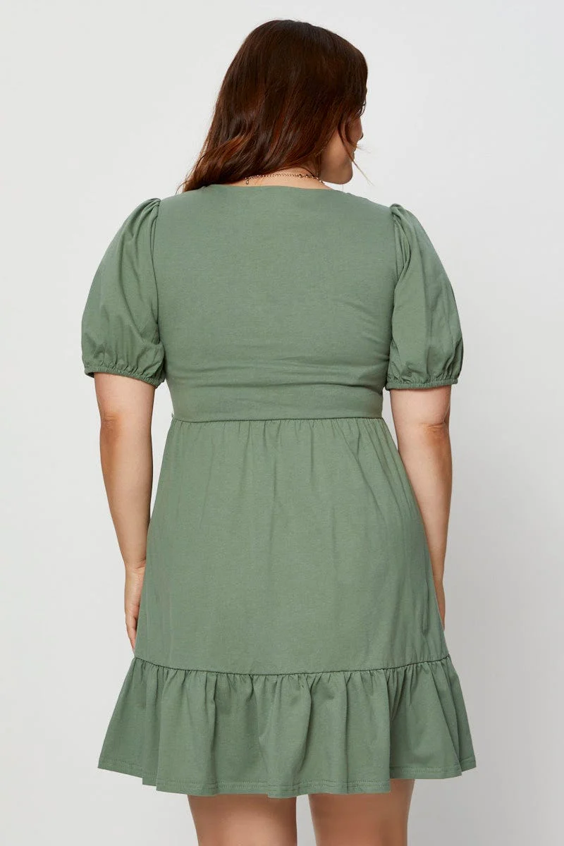 Green Skater Dress V-neck Puff Sleeve Ruffle Hem - Image 5
