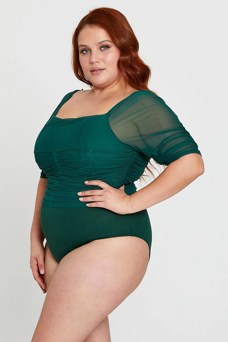 Green Sleeve Bodysuit Ruched Bodice Three-quarter - Image 2
