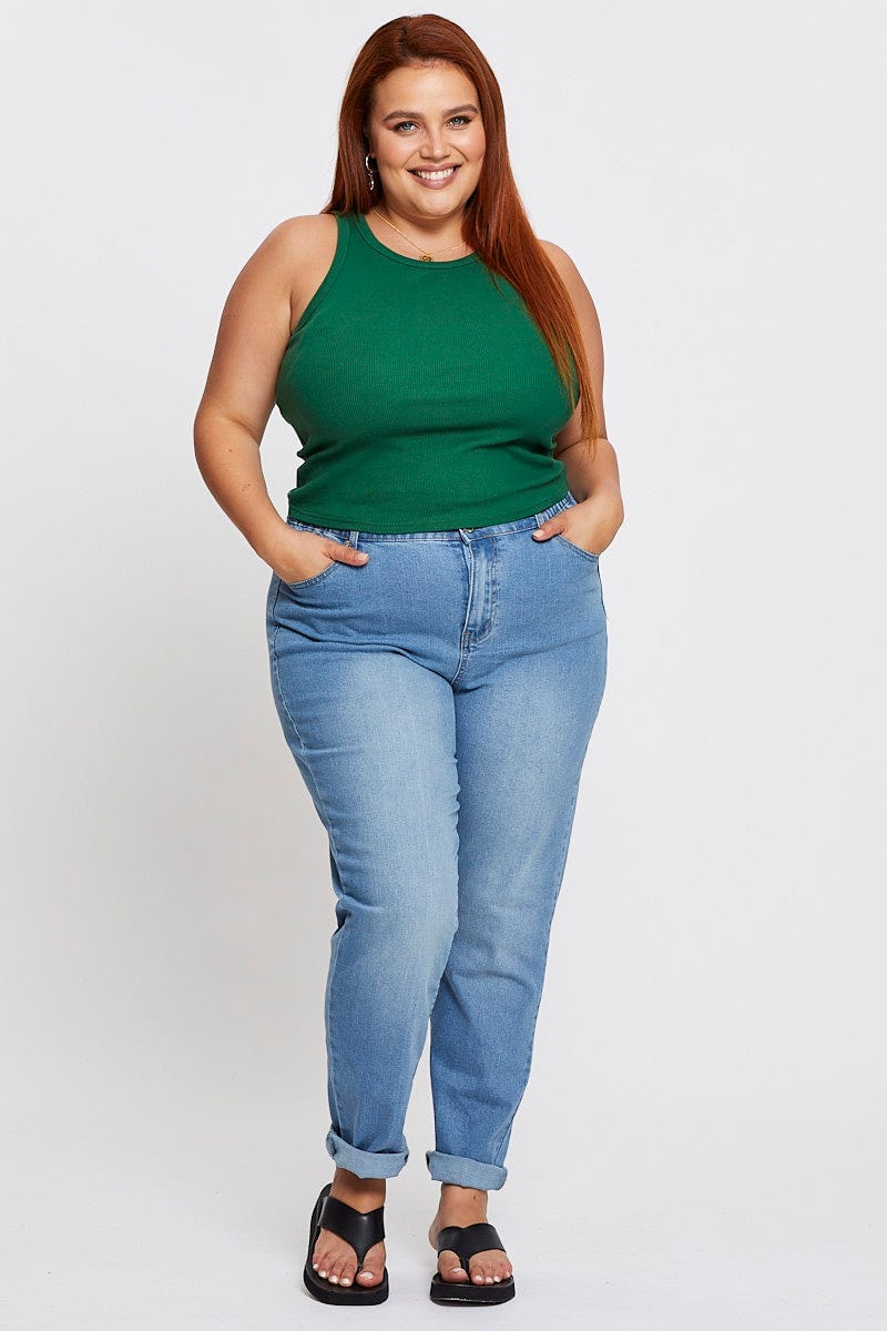 Green Sleeveless Basic Rib Tank Top - Image 2