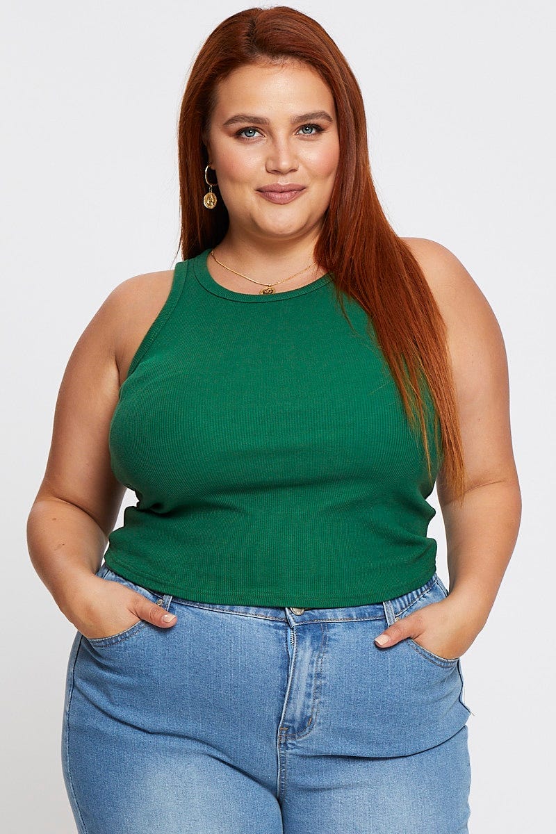 Green Sleeveless Basic Rib Tank Top - Image 3