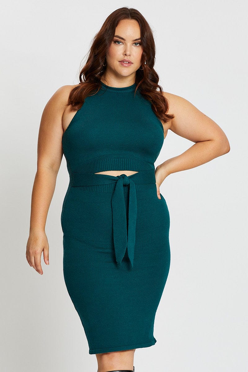 Green Sleeveless Tie Front Knitted Dress - Image 3