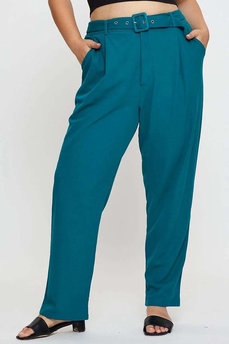 Green Slim Leg Pants High Rise Belted - Image 2