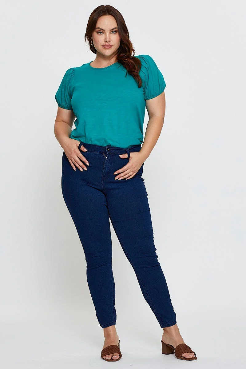 Green Slub T-shirt Round Neck Puff Sleeve Cotton - Image 2