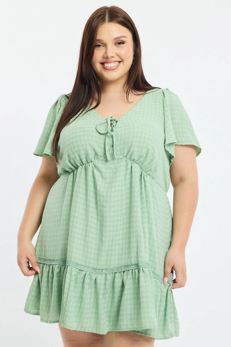 Green Smock Dress Short Sleeve Textured