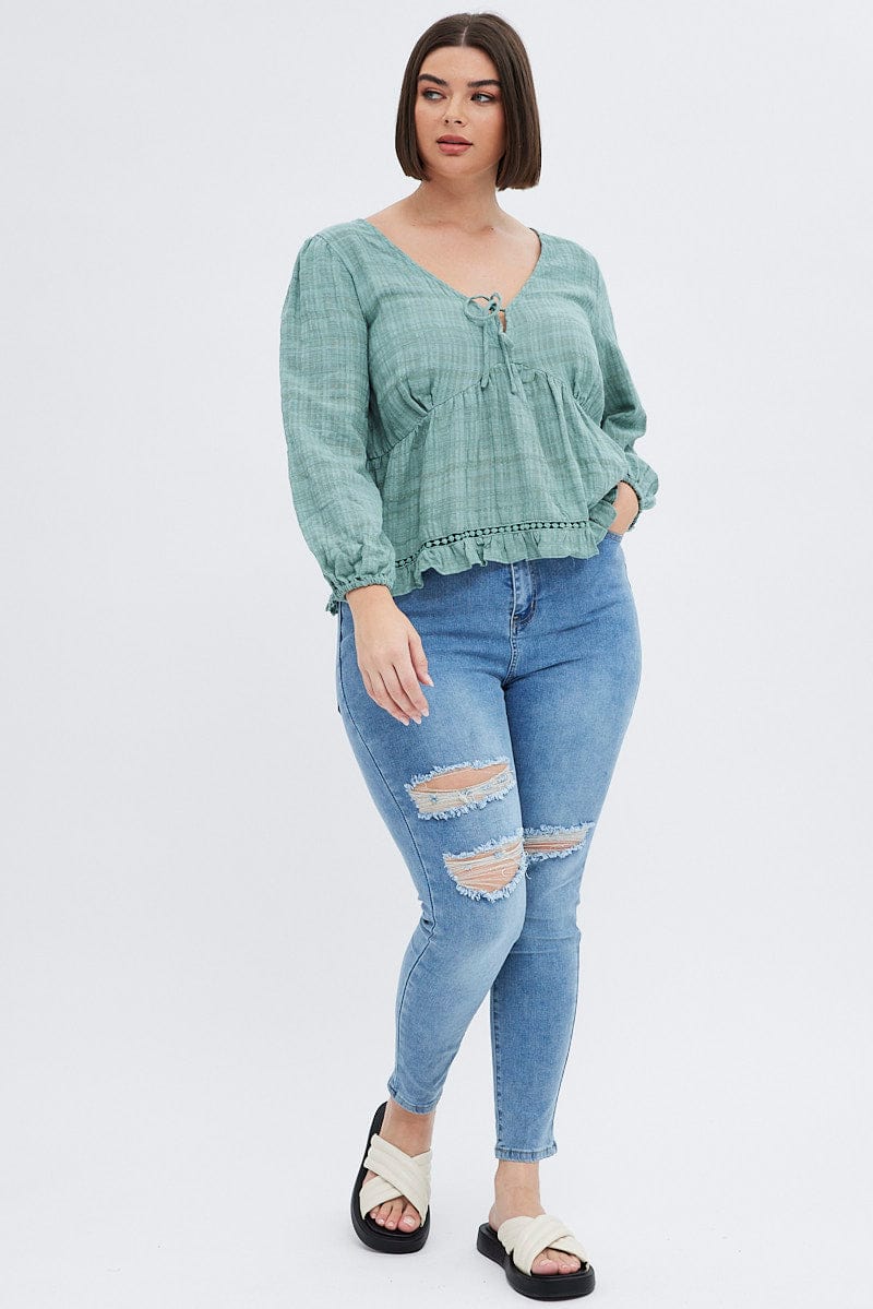 Green Smock Top Long Sleeve V-neck - Image 2