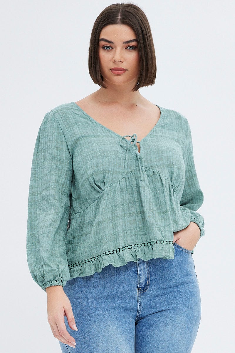 Green Smock Top Long Sleeve V-neck - Image 3
