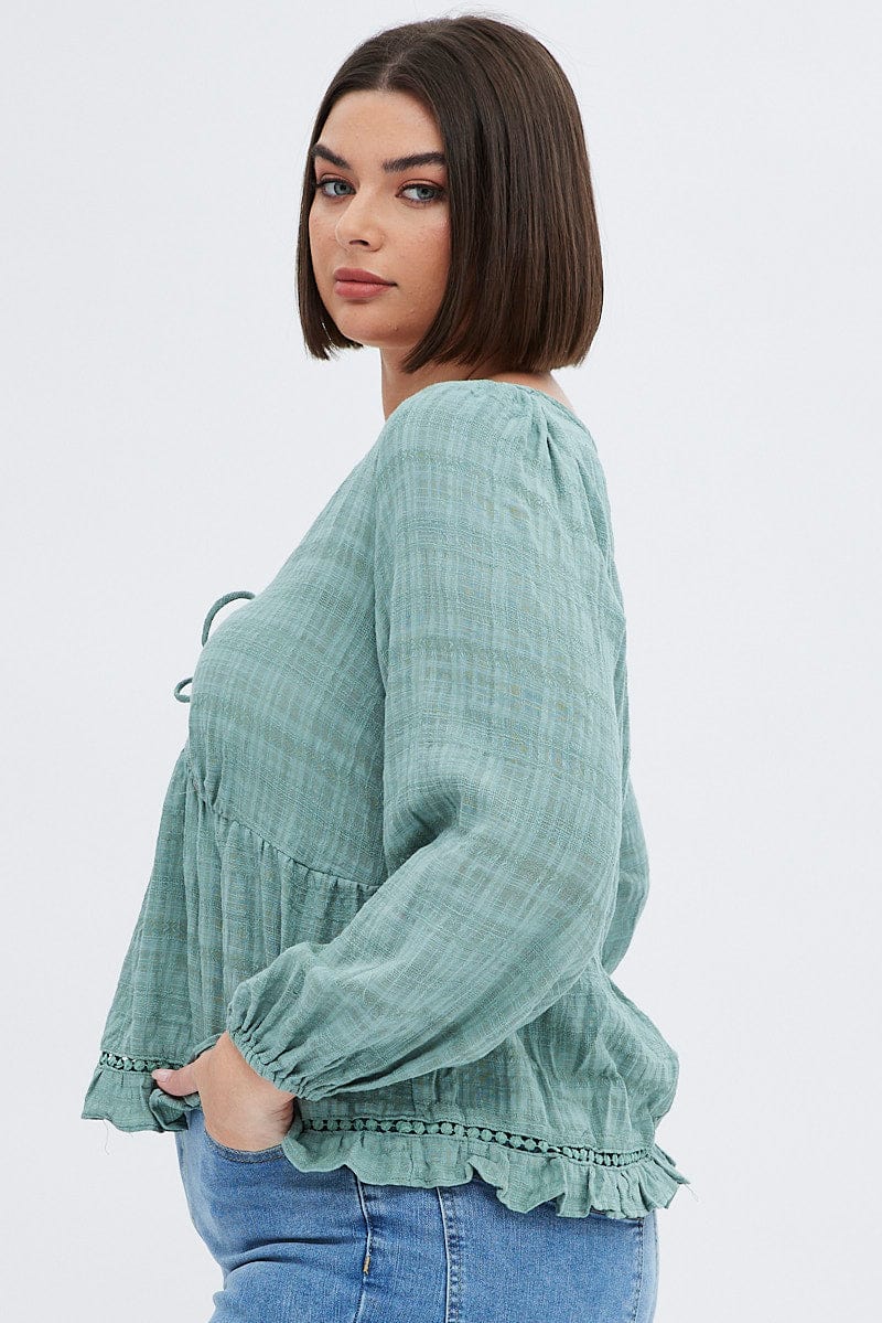 Green Smock Top Long Sleeve V-neck - Image 4