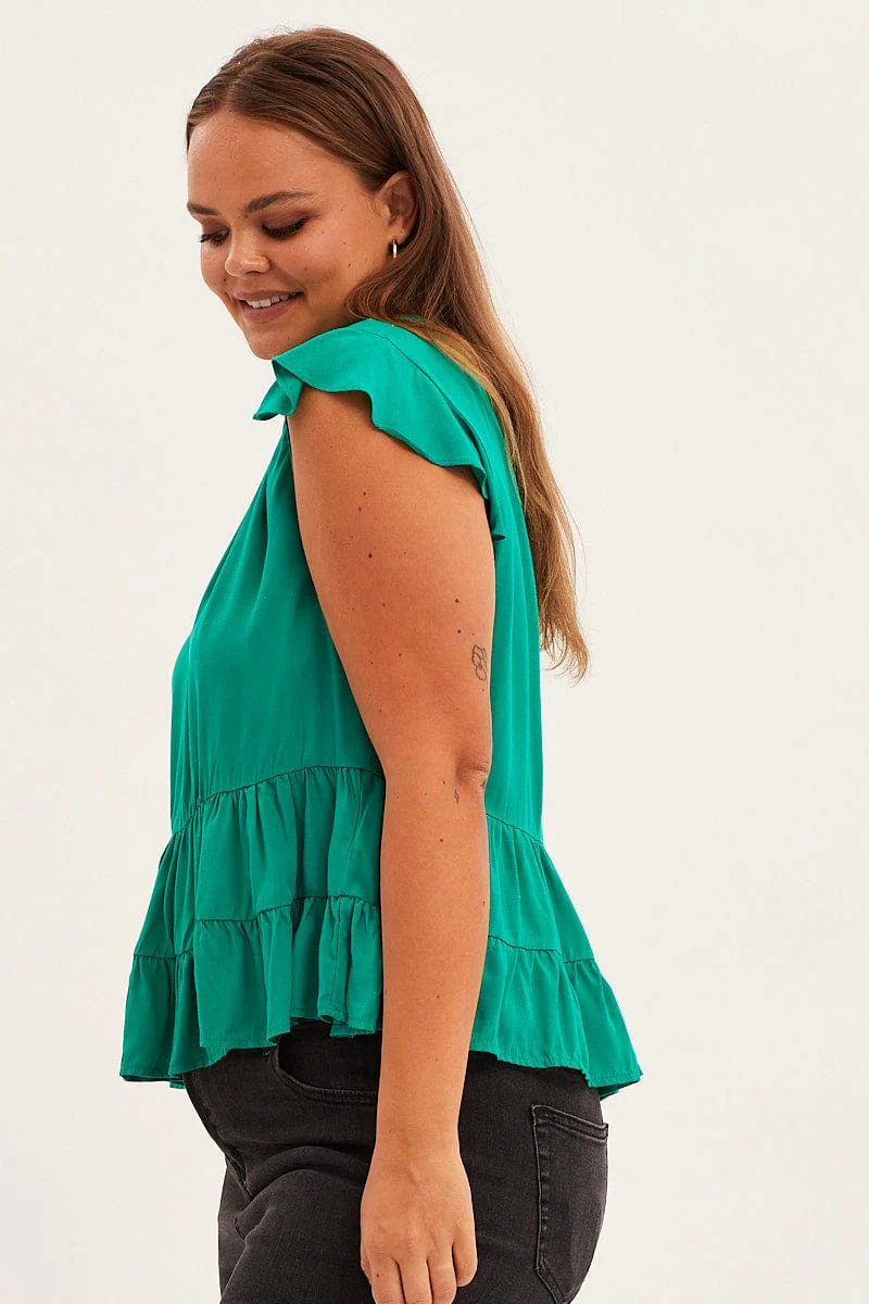 Green Smock Top Short Sleeve V-neck Tiered - Image 4