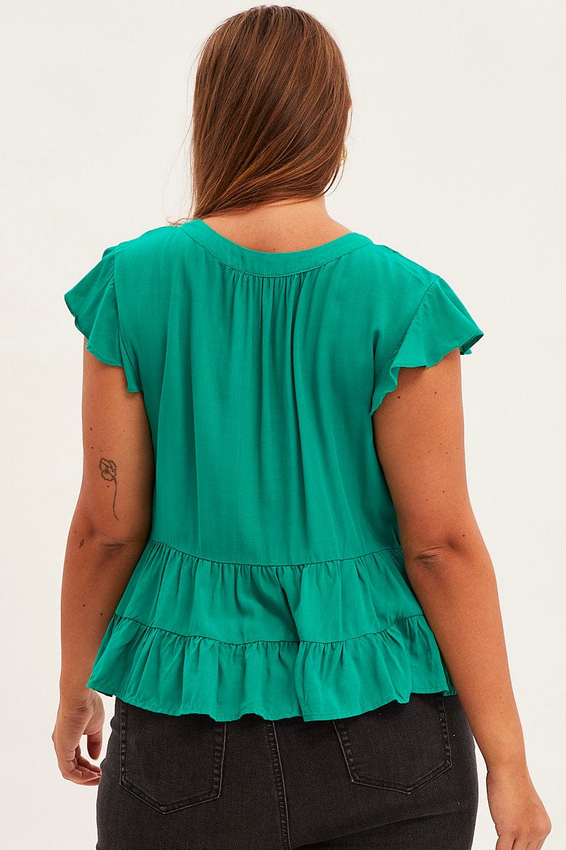 Green Smock Top Short Sleeve V-neck Tiered - Image 5