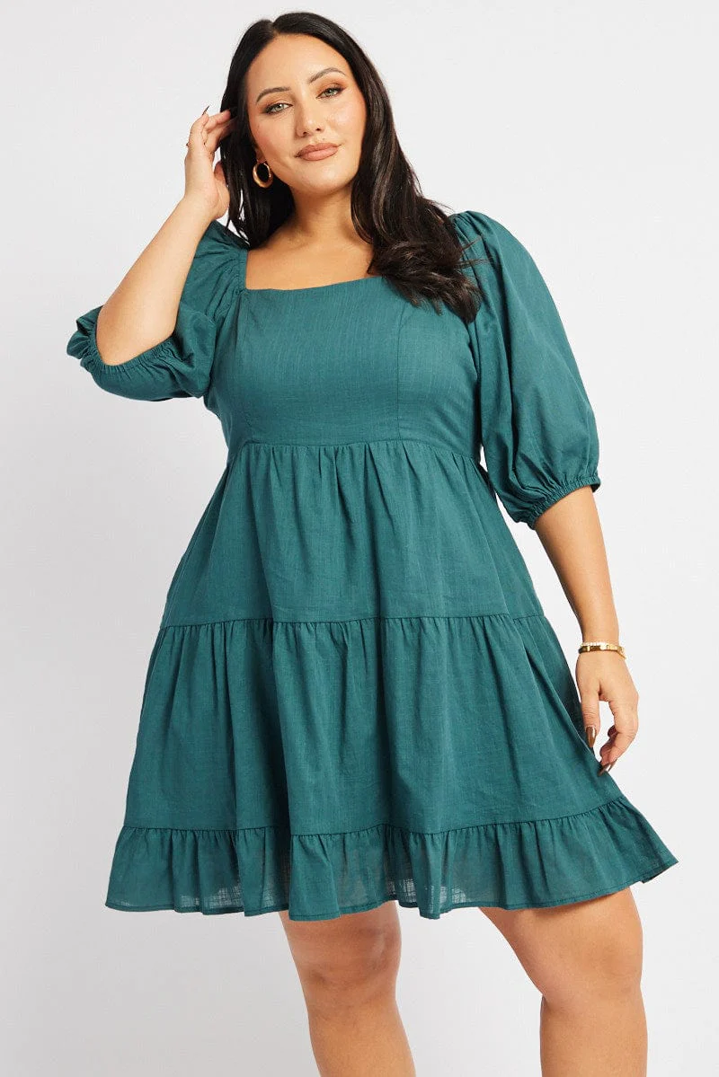 Green Square Neck Puff Sleeve Minidress - Image 3