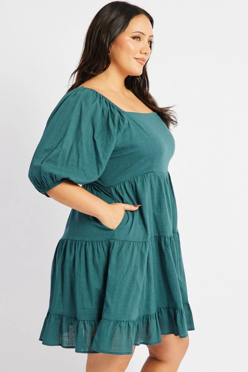 Green Square Neck Puff Sleeve Minidress - Image 4