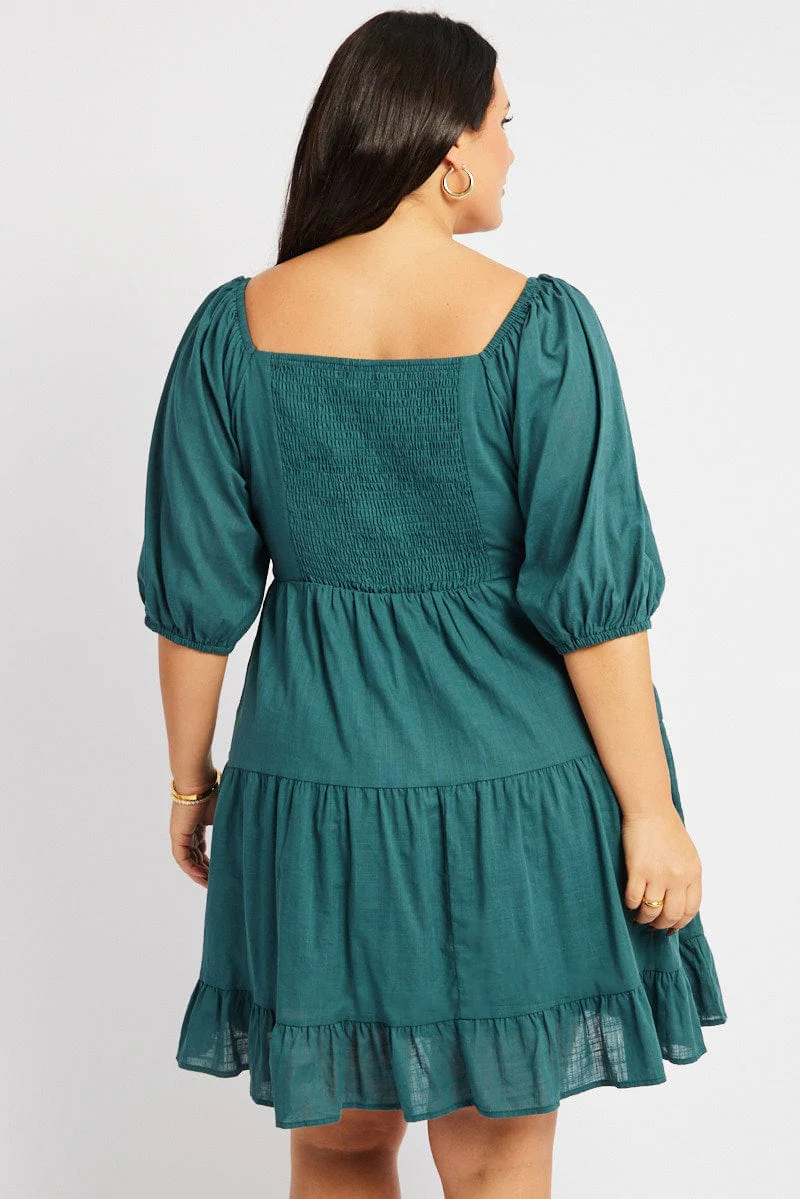 Green Square Neck Puff Sleeve Minidress - Image 5