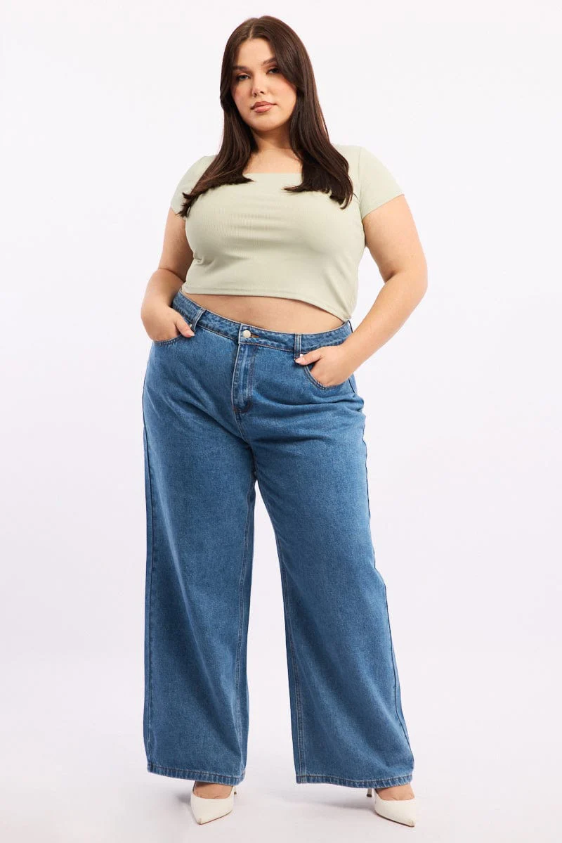 Green Square Neck Short Sleeve Crop Top - Image 2