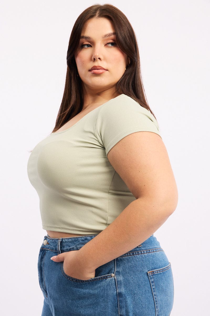 Green Square Neck Short Sleeve Crop Top - Image 3