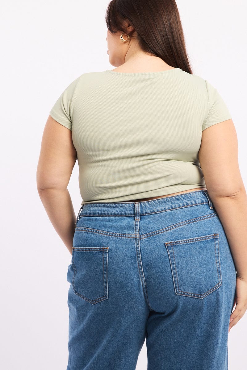 Green Square Neck Short Sleeve Crop Top - Image 4