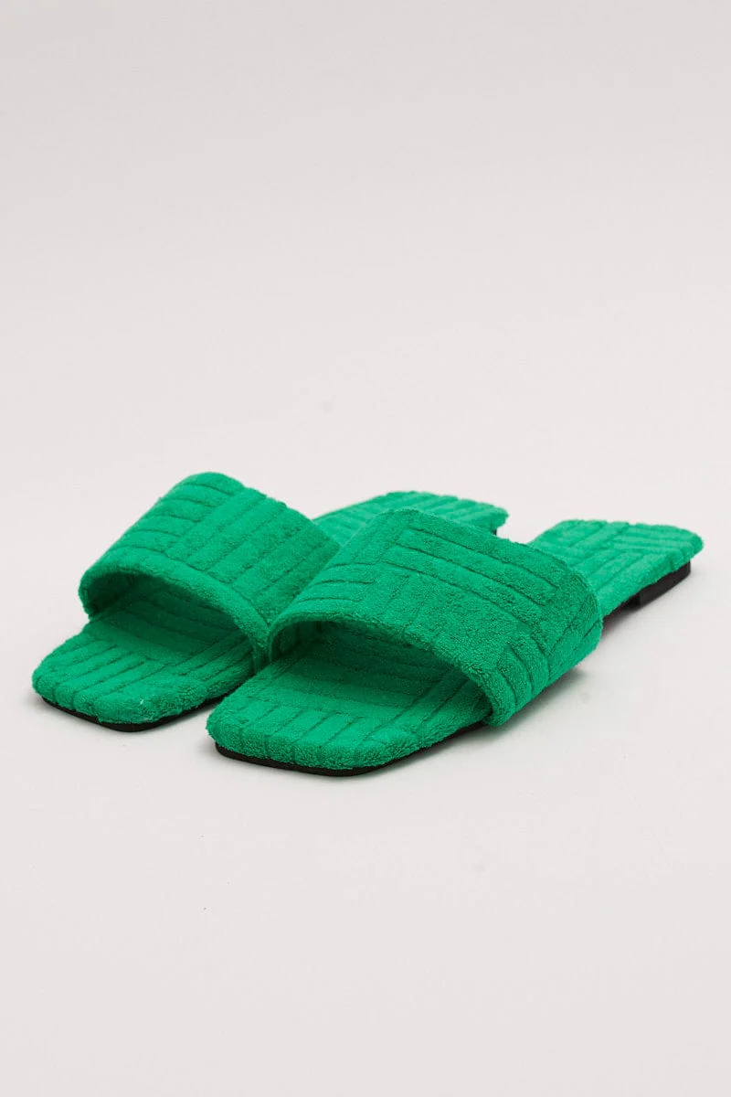 Green Square Toe Toweling Detail Slippers