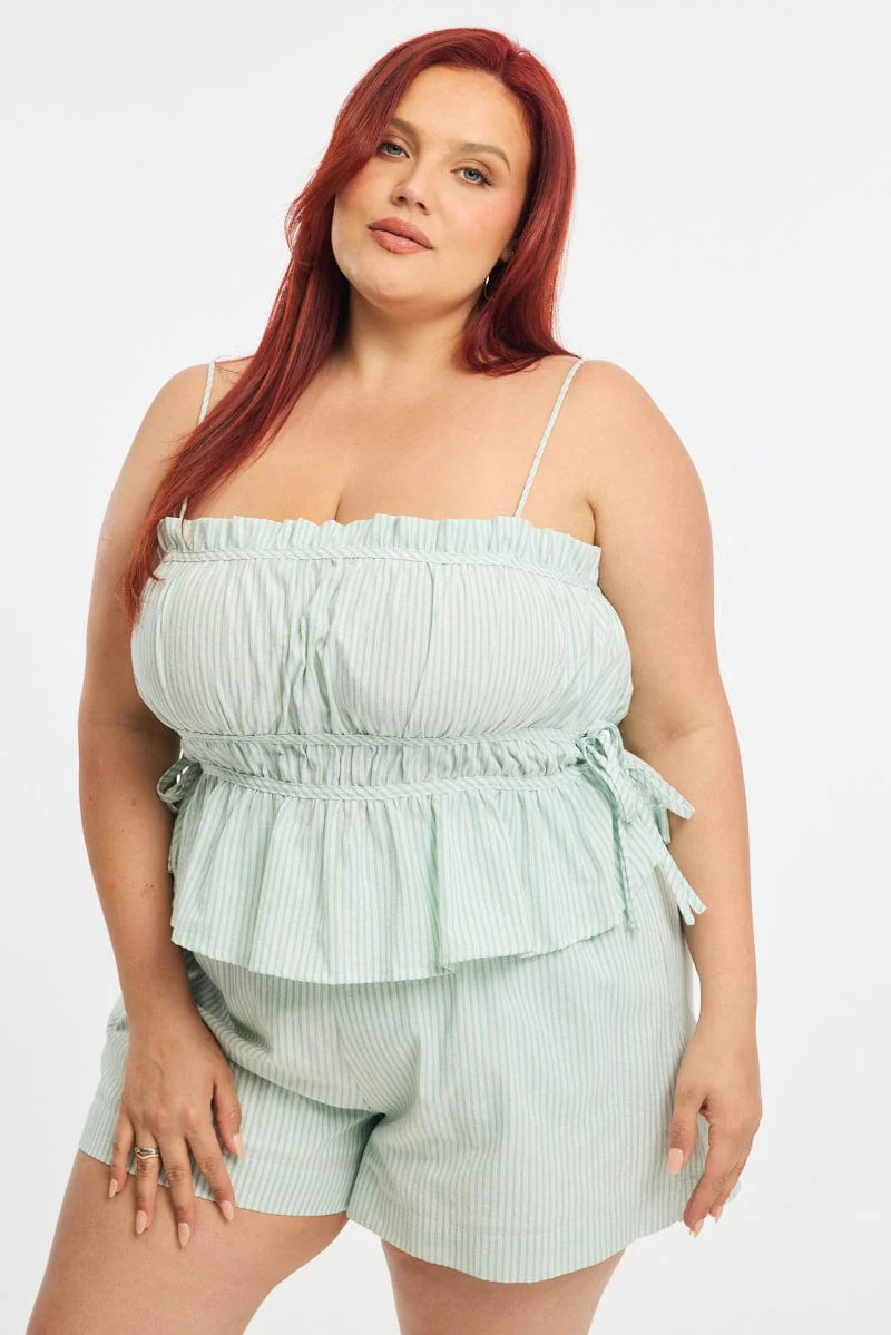 Green Stripe Cami Top Sleeveless Ruched Peplum