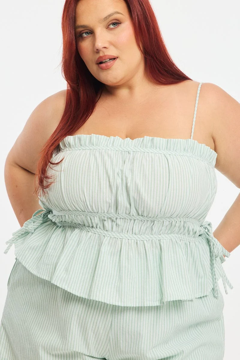 Green Stripe Cami Top Sleeveless Ruched Peplum - Image 5