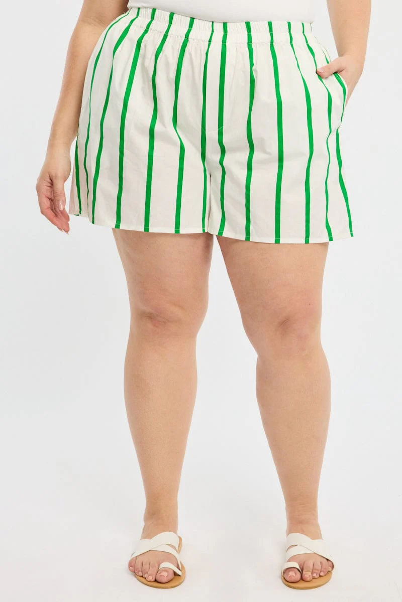 Green Stripe Elastic Waist Shorts - Image 2