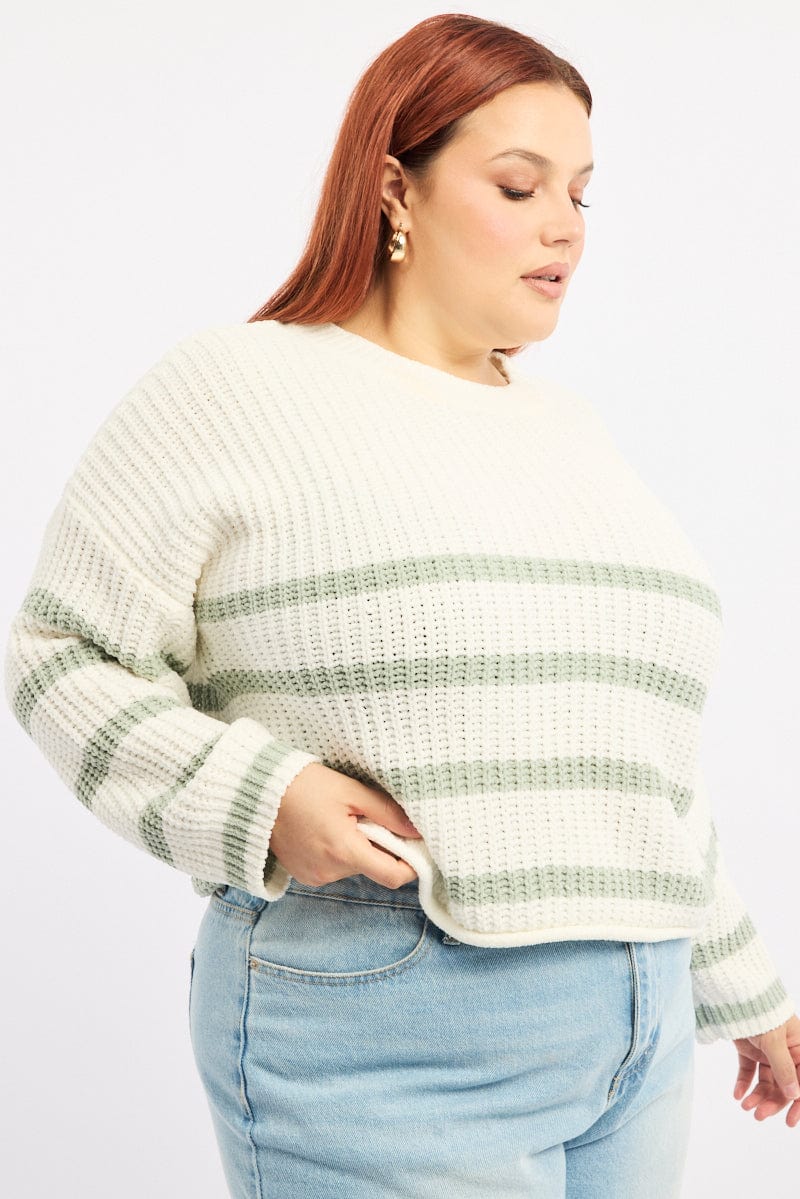 Green Stripe Jumper Long Sleeve Crew Neck - Image 3