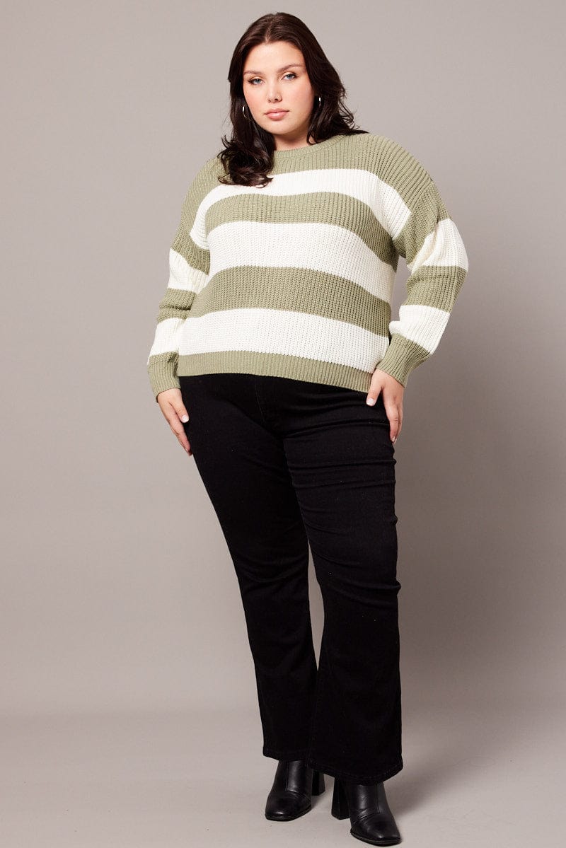Green Stripe Knit Jumper Long Sleeve Crew Neck - Image 2