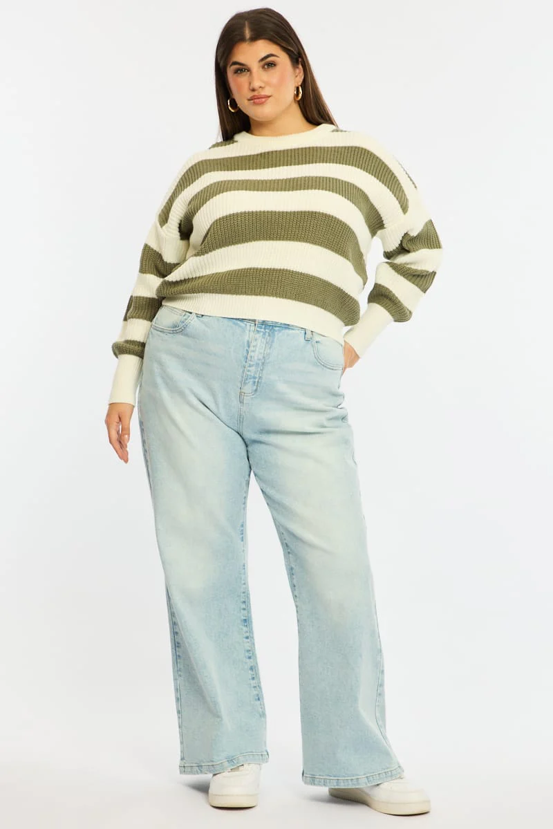 Green Stripe Knit Top Long Sleeve Color Block - Image 3