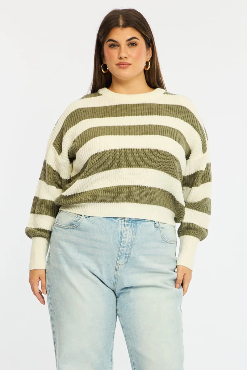 Green Stripe Knit Top Long Sleeve Color Block - Image 4