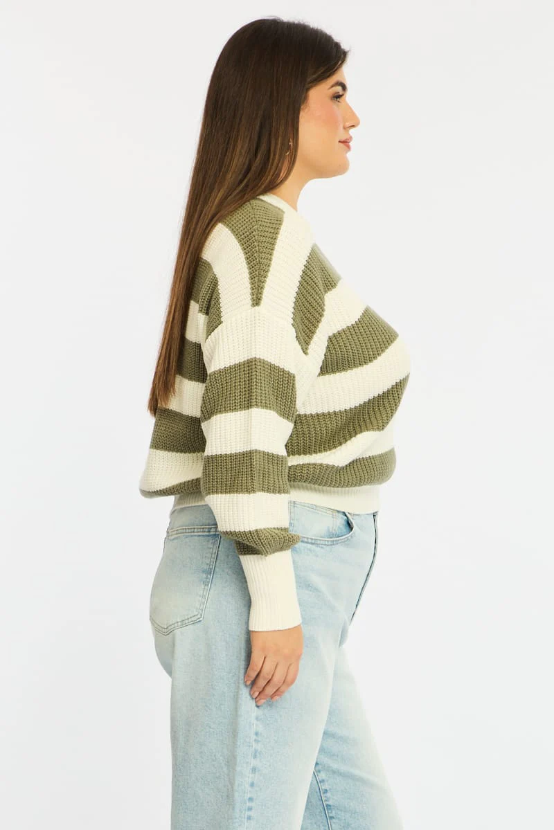 Green Stripe Knit Top Long Sleeve Color Block - Image 5