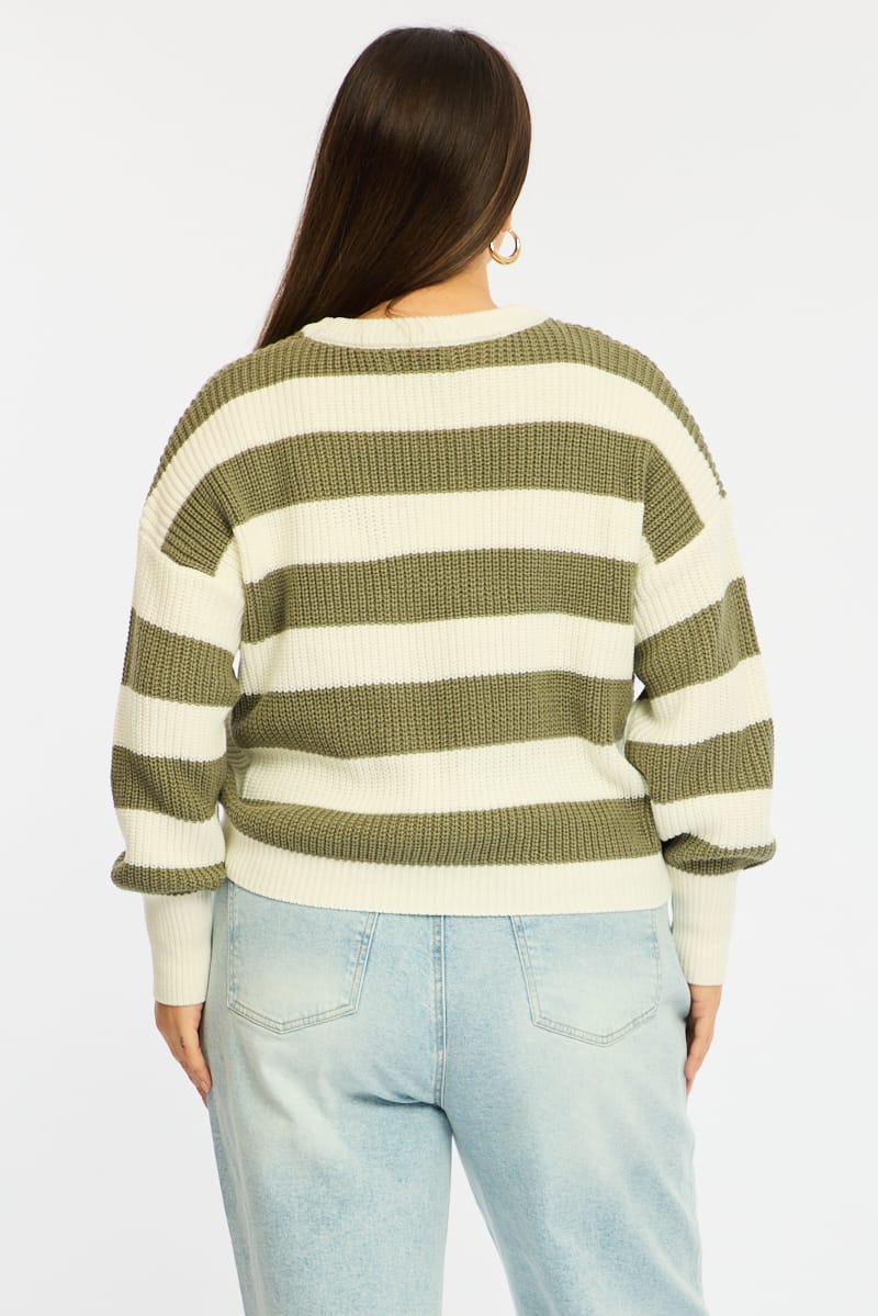 Green Stripe Knit Top Long Sleeve Color Block - Image 6