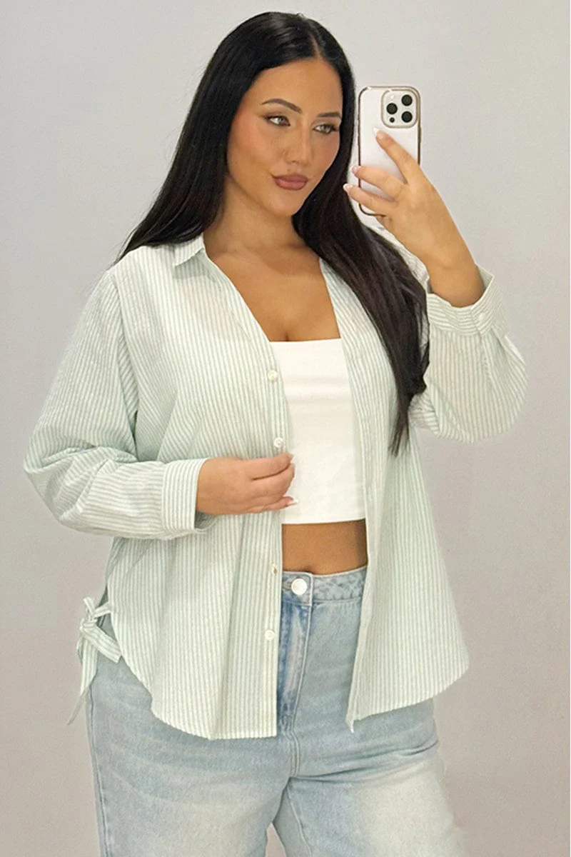 Green Stripe Relaxed Shirt Long Sleeve Side Ribbon
