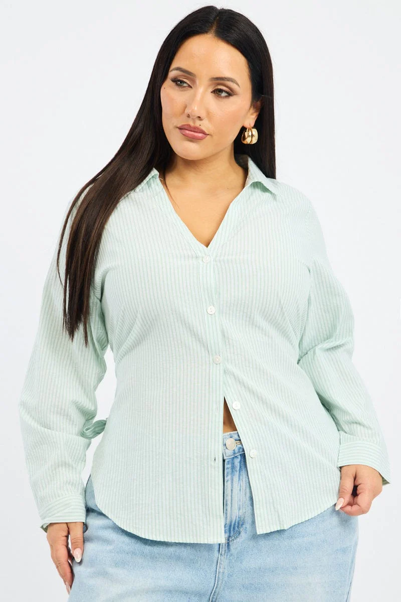 Green Stripe Relaxed Shirt Long Sleeve Side Ribbon - Image 3