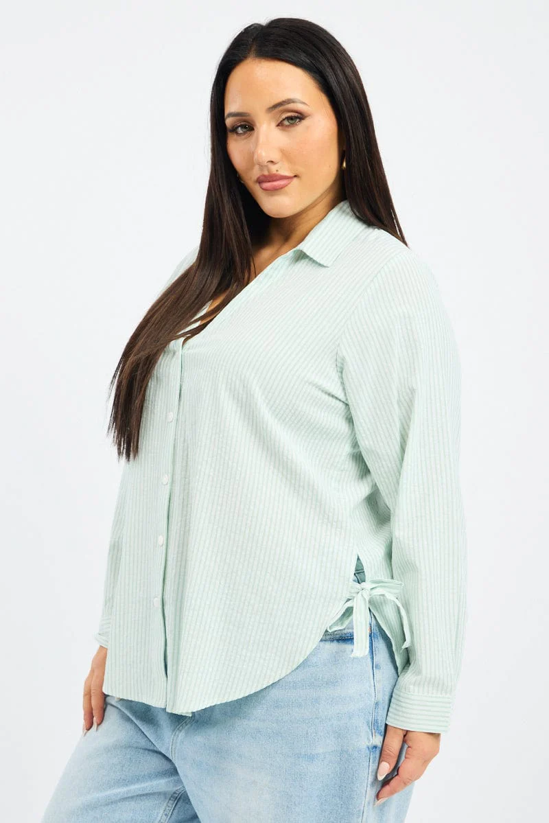 Green Stripe Relaxed Shirt Long Sleeve Side Ribbon - Image 4