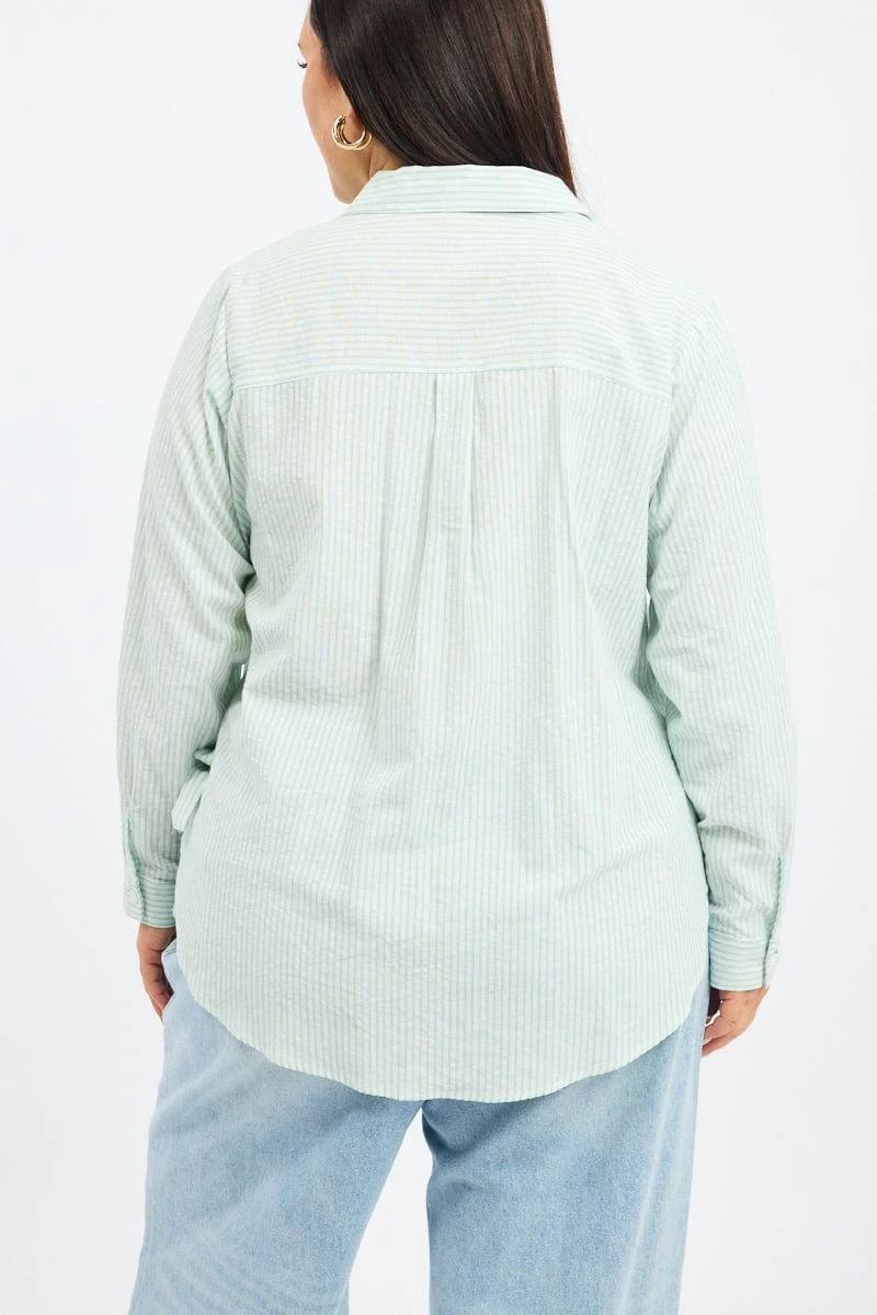 Green Stripe Relaxed Shirt Long Sleeve Side Ribbon - Image 5