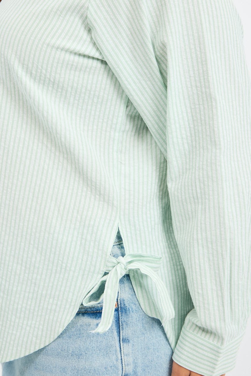Green Stripe Relaxed Shirt Long Sleeve Side Ribbon - Image 6