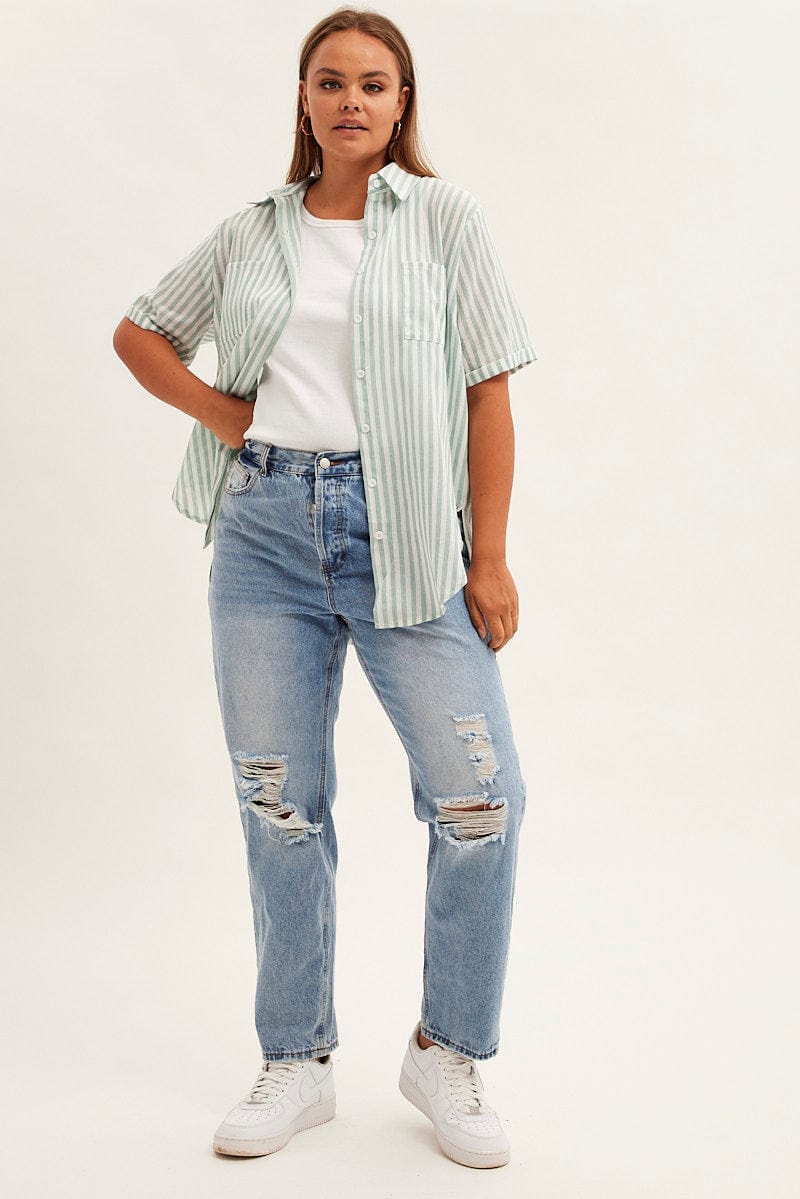 Green Stripe Relaxed Shirt Short Sleeve Button Up - Image 2