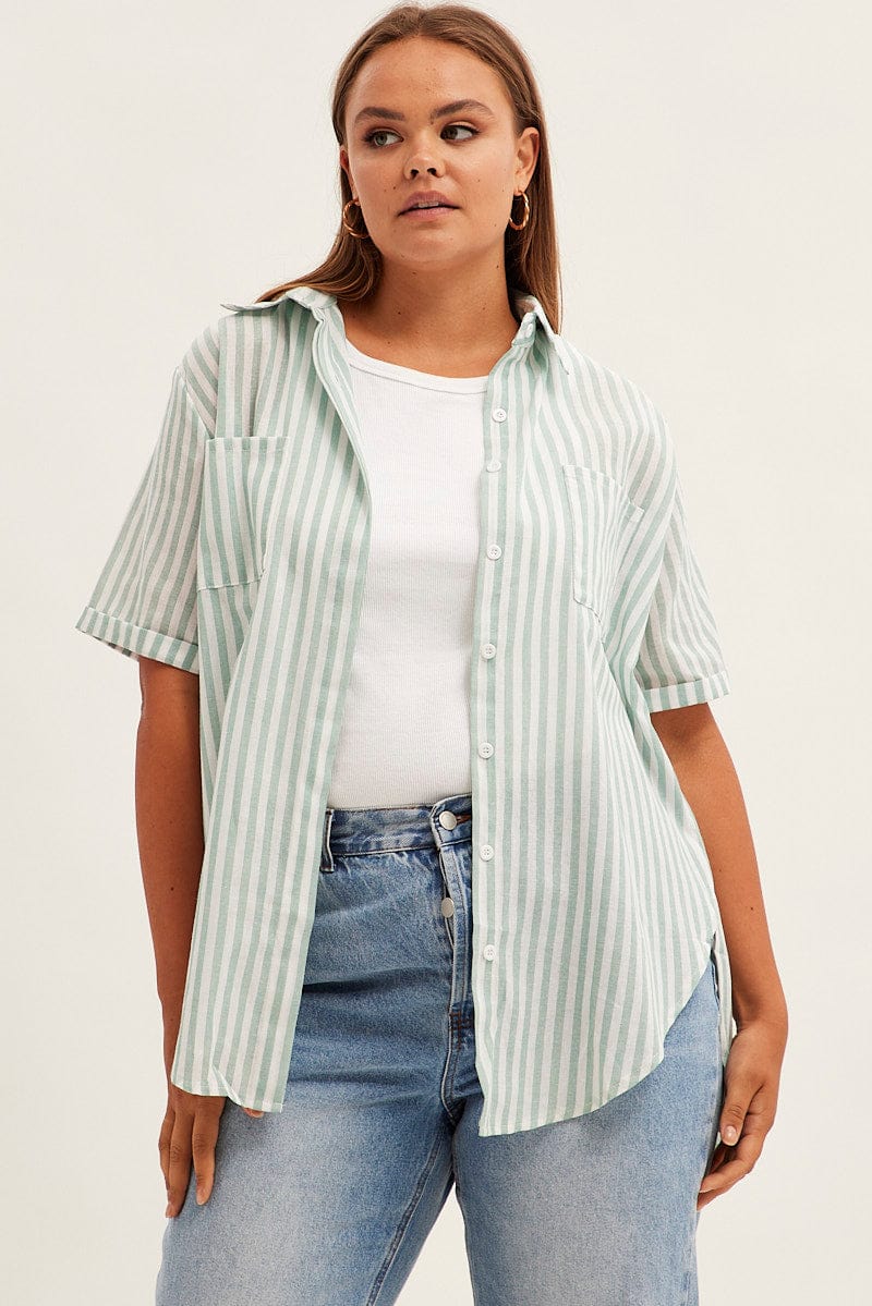 Green Stripe Relaxed Shirt Short Sleeve Button Up - Image 3