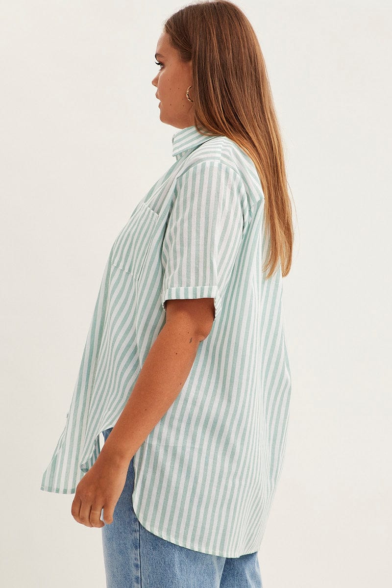 Green Stripe Relaxed Shirt Short Sleeve Button Up - Image 4