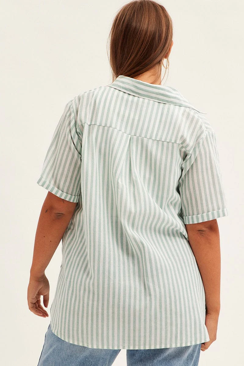 Green Stripe Relaxed Shirt Short Sleeve Button Up - Image 5