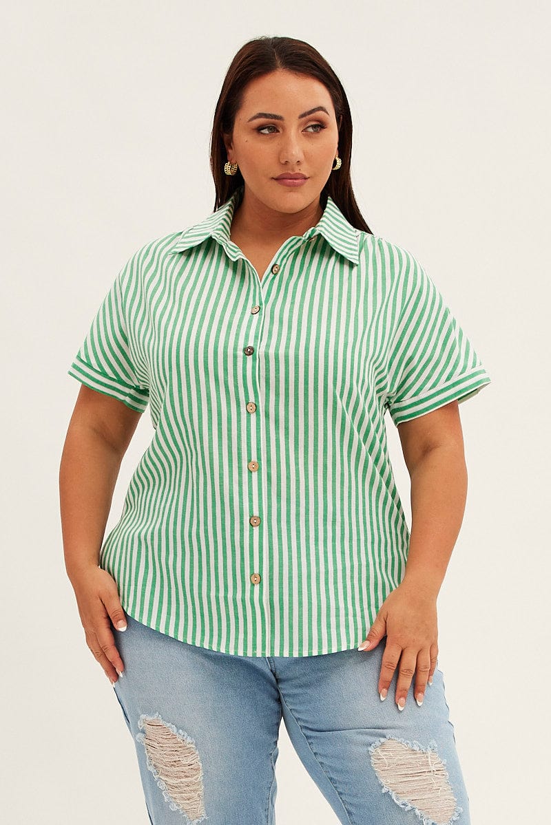 Green Stripe Relaxed Shirt Short Sleeve Button Up
